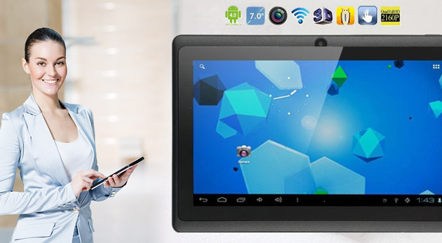 Nadupaný 7 palcový tablet s Wi-Fi, androidom 4 a kamerou vrátane púzdra s klávesnicou.