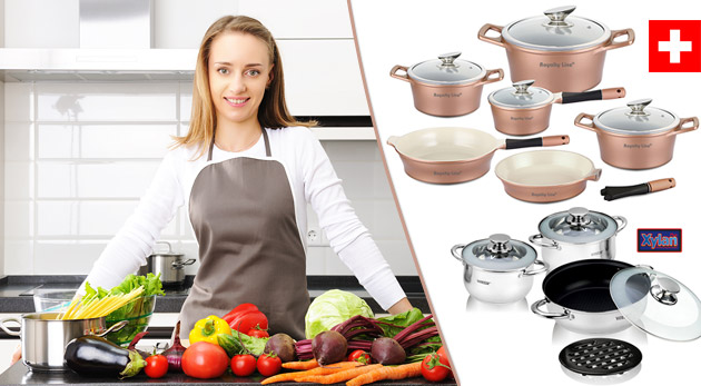 Sada hrncov z ušľachtilej ocele alebo luxusná 10 dielna sada keramických hrncov.