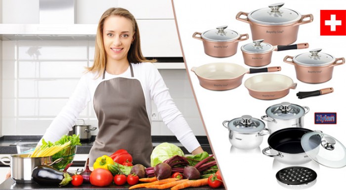 Sada hrncov z ušľachtilej ocele alebo luxusná 10 dielna sada keramických hrncov.