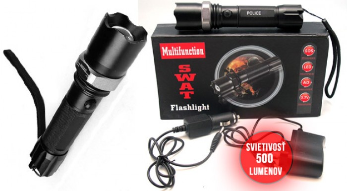 Ľahká, pevná a odolná dobíjacia baterka POLICE SWAT 500W - super sada v darčekovej kazete.