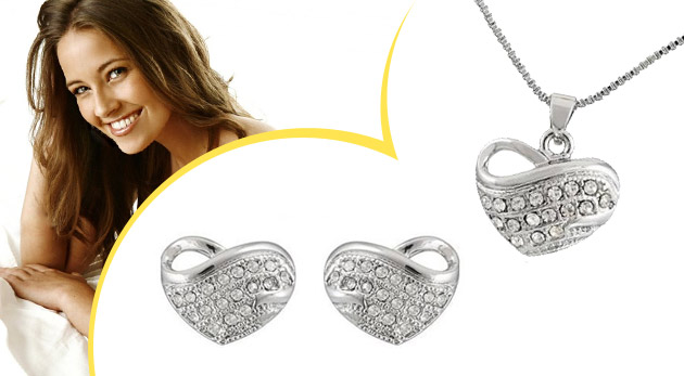 Náhrdelník s náušnicami - set šperkov pozlátený 18 karátovým bielym zlatom, vykladaný kryštálmi.