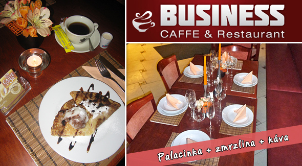 Palacinka so zmrzlinou a dobrá kávička len za 1,33€. Pozývame Vás do Business caffe & Restaurant na sladké potešenie a posedenie pri palacinke s džemom, zmrzlinou a cukrom + káve s mliekom. 