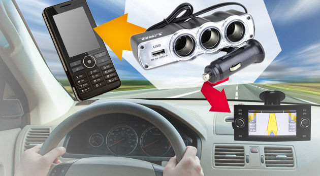 USB adaptér a trojnásobný rozbočovač do auta.