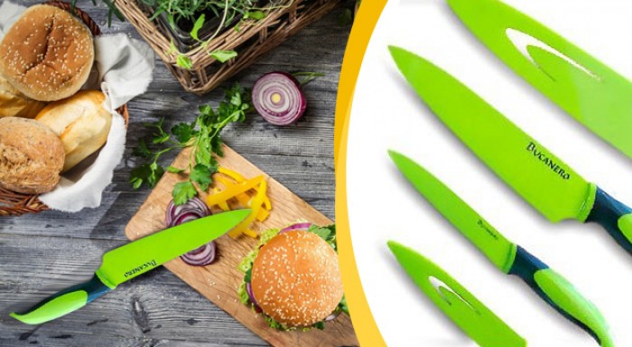 Kvalitné oceľové nože s teflónovou povrchovou úpravou + doska na krájanie.