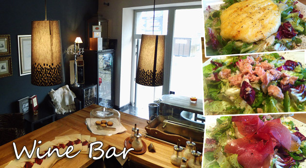 Tuniakový, Camembertový, Brie, alebo Prosciuto šalát s prílohou. Wine bar v centre Bratislavy.
