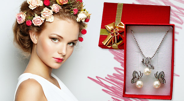 Motýlikový set s perličkou a zirkónmi