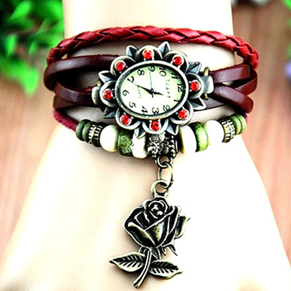 Retro hodinky s ružou, farba červená