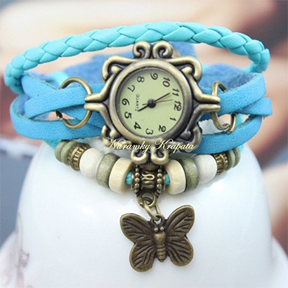 Retro hodinky s motýlikom, farba tyrkysová