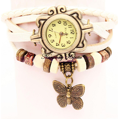 Retro hodinky s motýlikom, farba biela