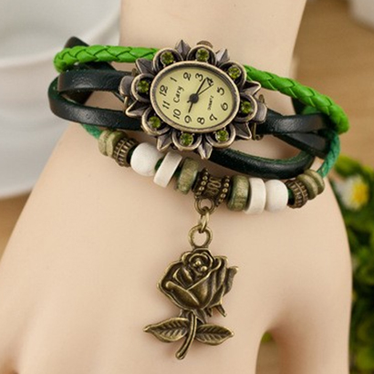 Retro hodinky s ružou, farba zelená