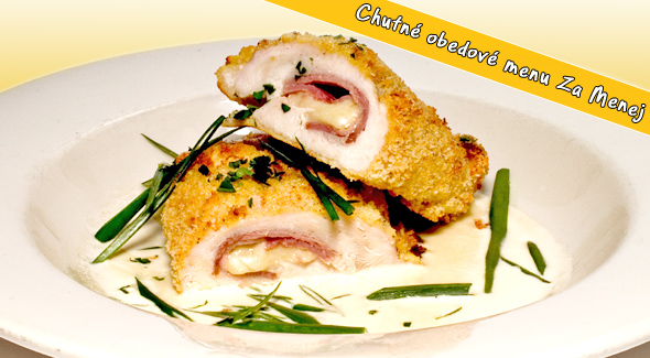 Obedové menu - slepačí vývar, kurací gordon blue, zemiakové krúžky a domáca čalamáda