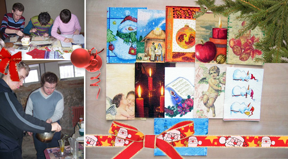 Vianočné a novoročné ručne vyrábané pozdravy od ťažko zdravotne postihnutých detí.