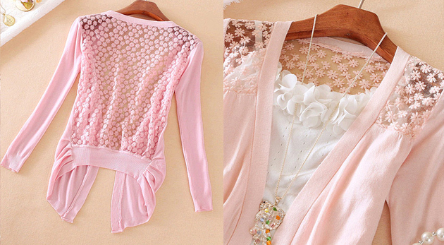 Trendy dámsky svetrík s čipkou s motívom kvetov