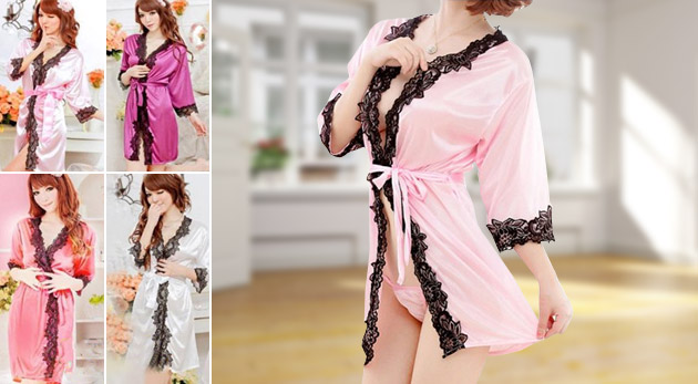 Dámsky zvodný župan s krajkou a tango nohavičkami