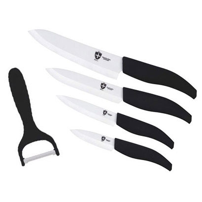 4 nože s keramickým povrchom Royalty Line Switzerland so škrabkou v darčekovej kazete - farba čierna: 1x nôž šéfkuchára s 15,2 cm čepeľou, 1x nôž MULTI s 12,7 cm čepeľou, 1x nôž na zeleninu s 10 cm čepeľou, 1x nôž na ovocie so 7,6 cm čepeľou, 1x škrabka na ovocie a zeleninu