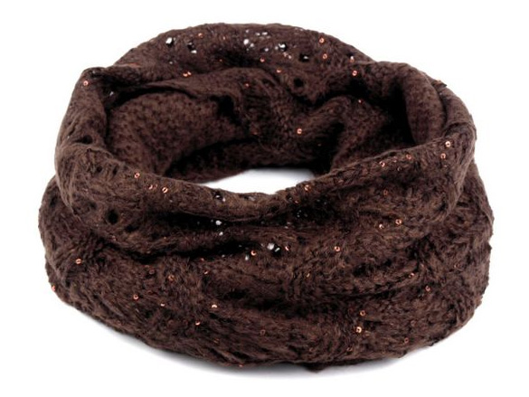 Dámsky pletený nákrčník s flitrami - hnedá farba