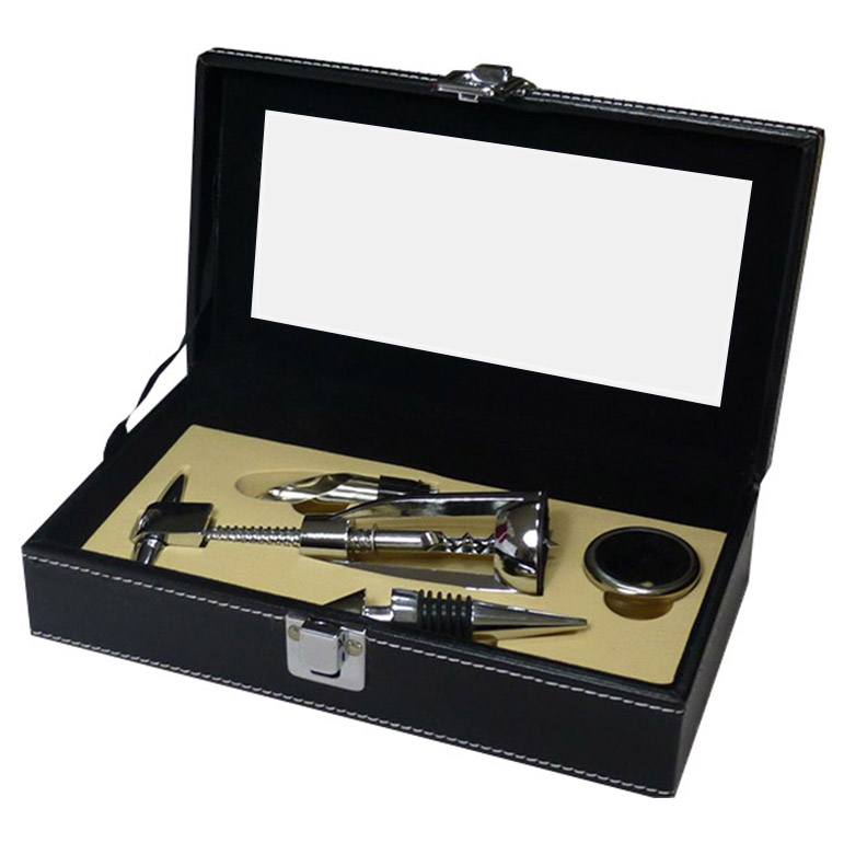 Darčeková krabička BLACK LEATHER s vinárskou súpravou 4 pomôcok