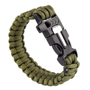 Náramok prežitia s lanom, píšťalkou a kresadlom - khaki zelený