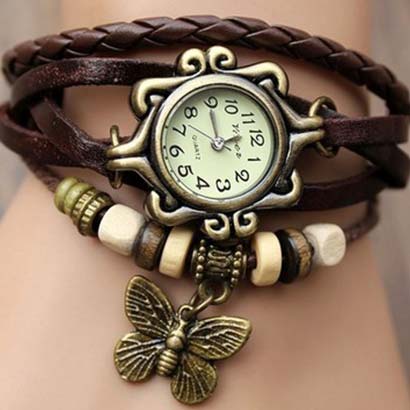Retro hodinky s motýlikom, farba hnedá