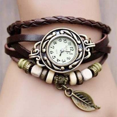 Retro hodinky s listom, farba hnedá