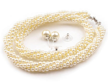 Set voskovaných perál - náhrdelník, náušnice, č.4, farba: krémová