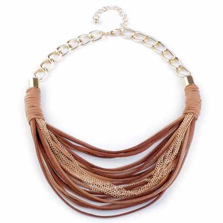 Náhrdelník z kožených remienkov a kovových retiazok - hnedá farba