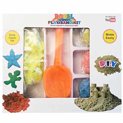 Magický piesok - sada na modelovanie za 6,99 €: 450 gramov piesku (3 vrecká po 150 g - farba oranžová, žltá, modrá), 1x lopatka, 8 formičiek
