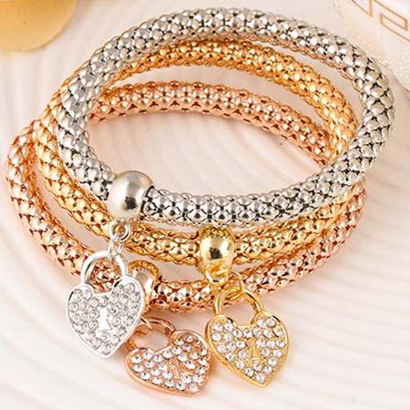 Trojdielna sada náramkov (zlatý, strieborný, bronzový) - srdce